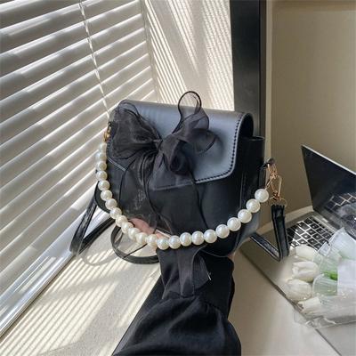Pearl Lace Bow Collocati PU Leather Small Tote Bag for Women Daily Use Handbag Shoulder Cross Body Bags, Teen Girls Phe Bag