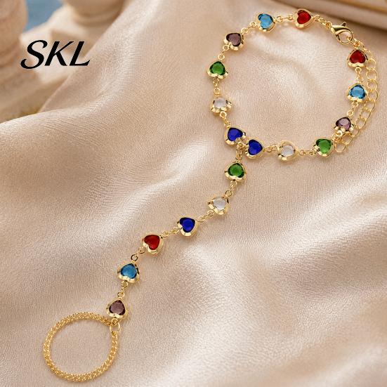 Girly Style Bracelet Hand Chain with Ring for Women, Colorful Heart Shaped Lightweight Jewelry Faux Crystal Healing Jewelry, Gifts Best Friend Sister