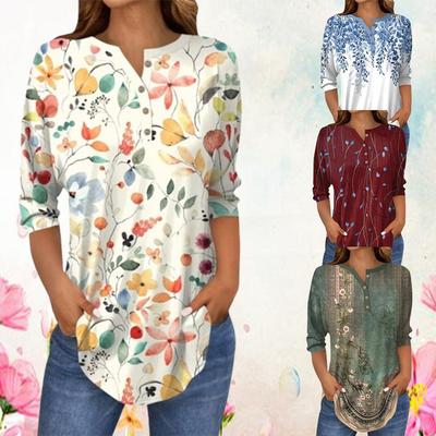 Womens 3/4 Length Sleeve Spring Summer Tops Casual Large Size Retro Floral 3D  Print Shirt Trendy Loose Women Clothing Blouse