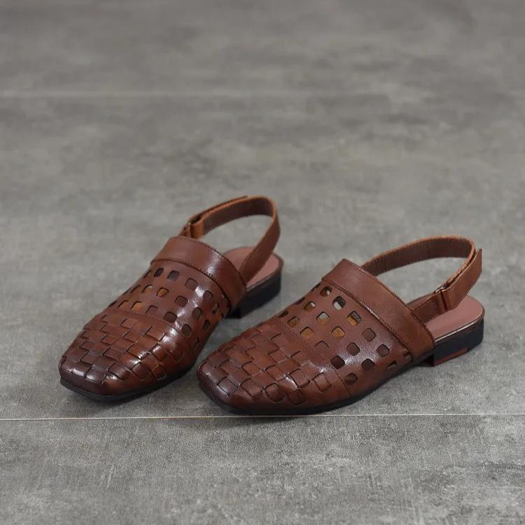 Johnature Real Leather Low Heel Sandals Woven Hollow Out Versatile Square Toe Commuting Women's Shoes