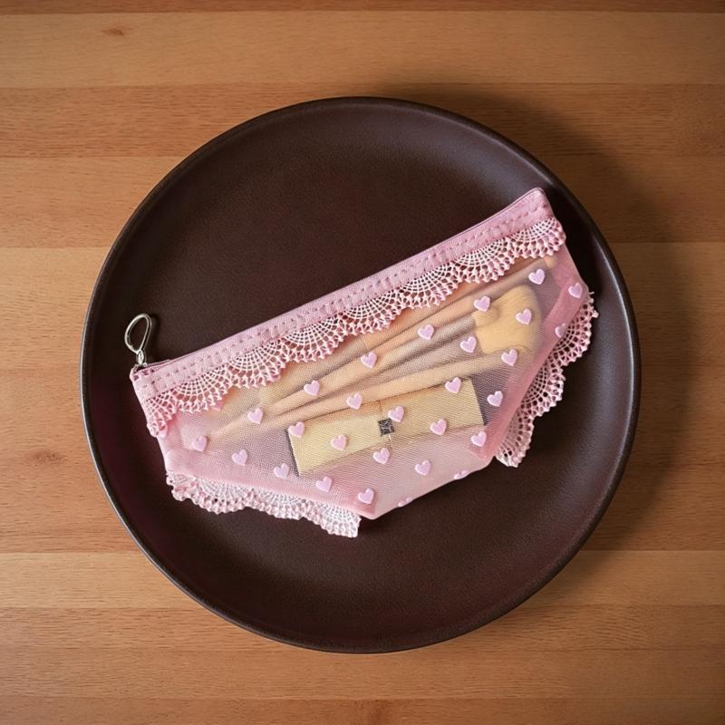 Briefs Shaped Mesh Cosmetic Bag Lace Trim Clear Mini Zipper Makeup Pouch Lipstick Earphone Jewelry Storage Travel Portable