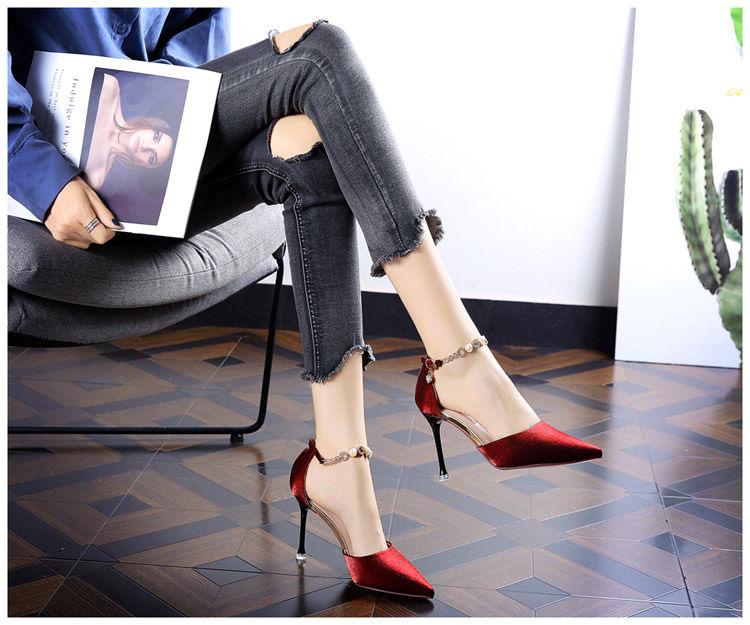 

High heels women s one-word buckle strap stiletto spring 2025 new French temperament fairy style pointed hollow shoes 40