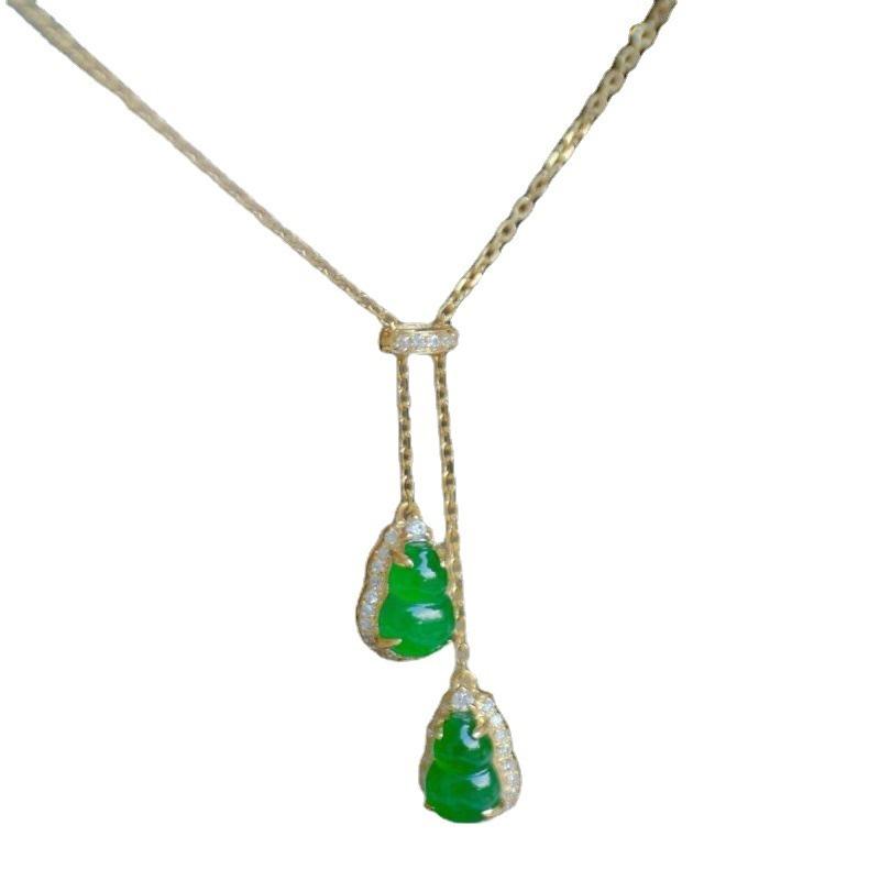 Natural Jade Chalcedony Green Double Gourd Pendant Light Luxury And High Quality Vintage Necklace Clavicle Chain Banquet Jewelry