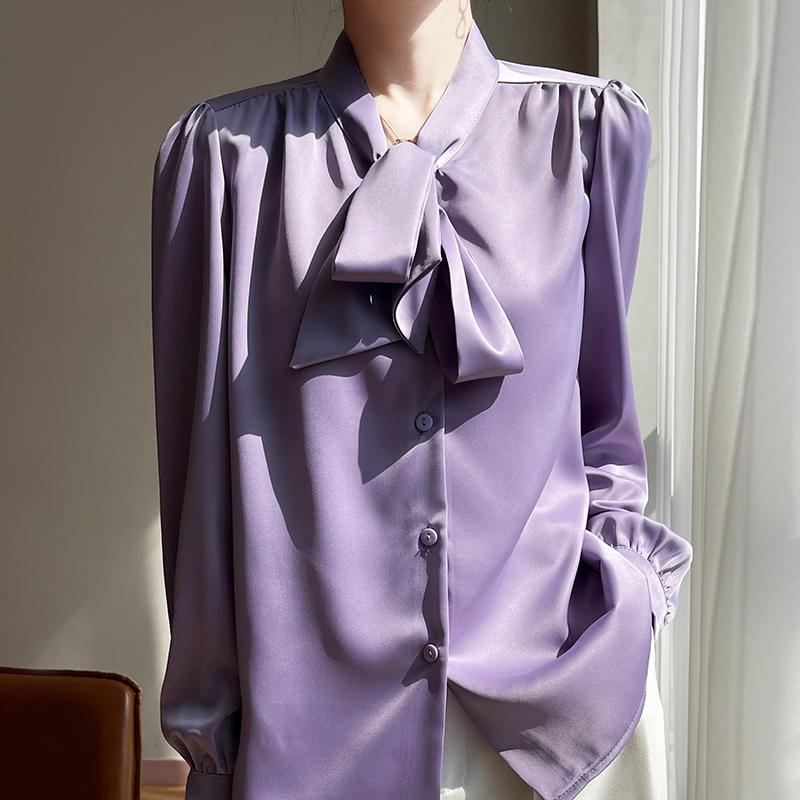 

Elegant Champagne Satin Bow Blouse - Women s Long Sleeve Professional Top 4XL (140-150 lbs)