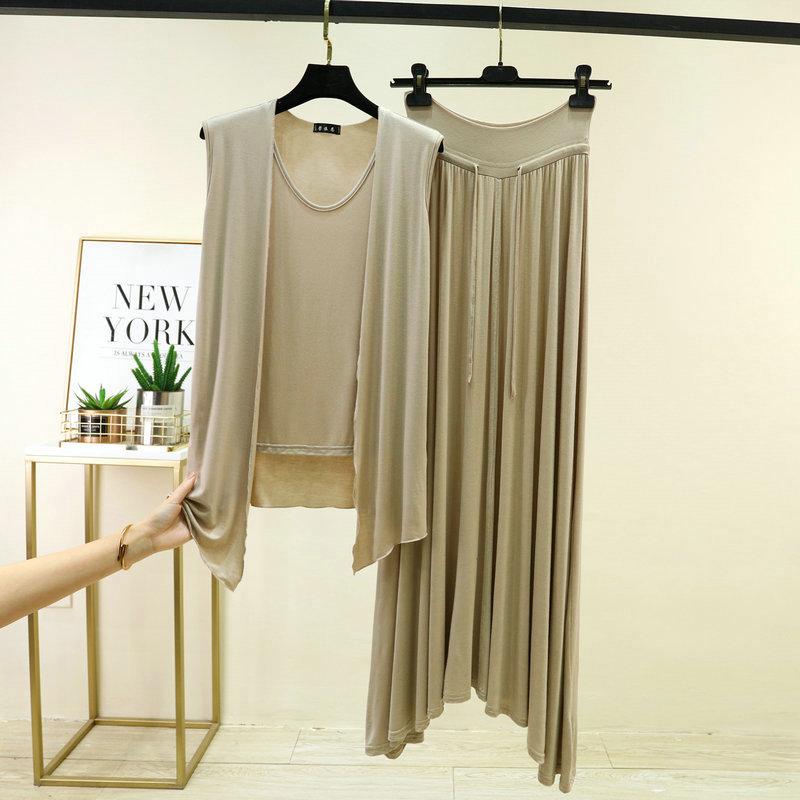 Plus size M to 6XL Modal Pajamas sets Summer Layering Vest Cardigan Top with strawstring Long Skirt Fashion Versatile 2 Piece Outfit