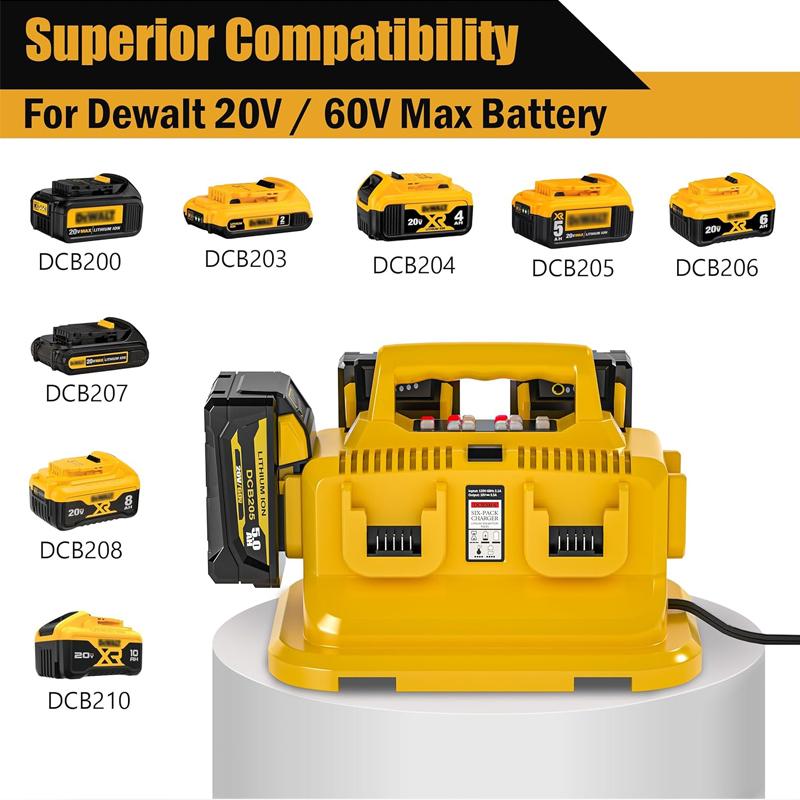 6-Ports for Dewalt Battery Charger, 20V/60V Simultaneous Charging ,Compatible with DCB200,DCB203,DCB204,Rapid Charger Station