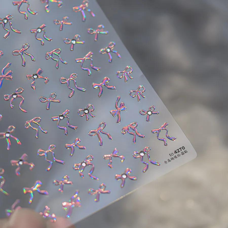 Shiny Red Bowknot Bow Tie Silk Ribbon Butterfly 5D Nail Art Sticker Pearl Rhinestones Self Adhesive Decoration Manicure Decal