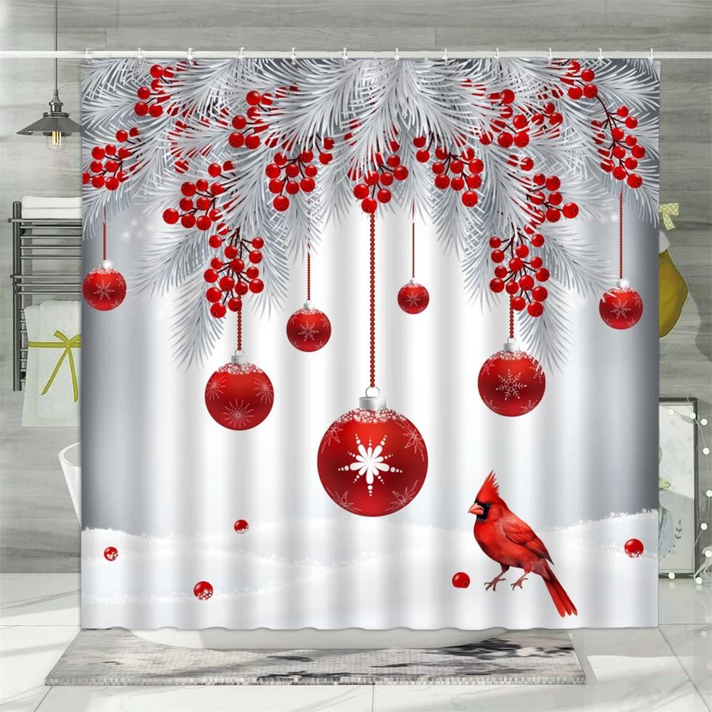 Christmas Shower Curtain, Winter Snowman Santa Claus Gnome Farm Farmhouse Cartoon Truck Christmas Tree Snowflake Bathroom Decor