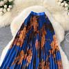 Spring Summer Women Elegant Vintage Print Elastic Waist Long Maxi Pleated Skirt Only Have One Size