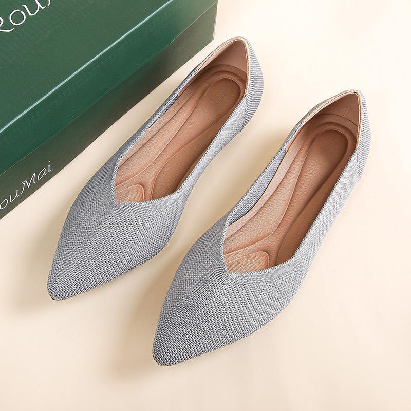 Fliegende gewebte Damen-Einzelschuhe neuer Frühling spitzgestrickte Schuhe flacher Boden flacher Ausschnitt bequeme Doudou-Schuhe große Größe Damenschuhe
