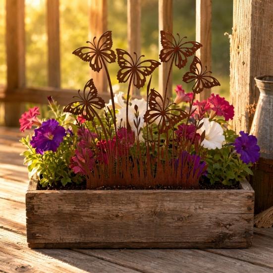 Rusty Flowers Garden Stake, Distressed Metal Flower Yard Art Stake, Retro 2D Flowers Decoration for Yard Lawn Flower Bed