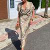 Spring new women's clothing, Europe, America, fashion knot printing sexy V-neck high-waisted dress