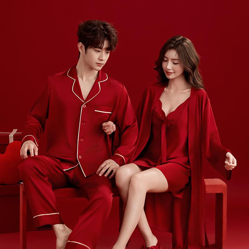 Couple pajamas wedding wedding high-end suspender morning robe birth year long sleeve ice silk red men and women dowry suit