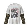 Unisex Vintage Gewaschen Camouflage Print Kapuzenloses Sweatshirt Langarm T-Shirt Lockerer Schnitt Streetwear