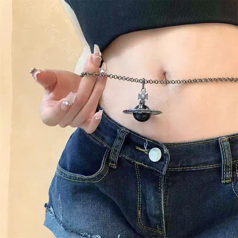 Black Saturn Surround Pendant Waist Chain For Women Light Luxury Personality Necklace Three-Dimensional Waist Decor Body Jewelry