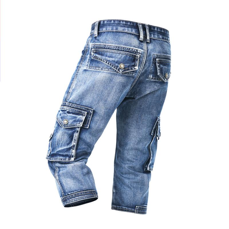 Vintage Herrenmode Cargo-Jeansshorts mit mehreren Taschen Slim Fit Militär-Jeansshorts Herren Gewaschene Capri-Hosen