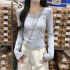 Korean Style Macaron Blue Velvet Long-Sleeve Pleated Waist Shirt for Women