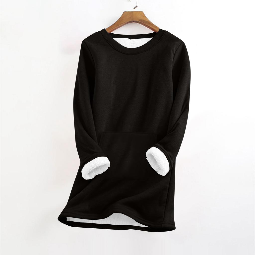 Women's Fashionable Solid Color Round Neck Long Sleeved Plush Warm Pullover Top