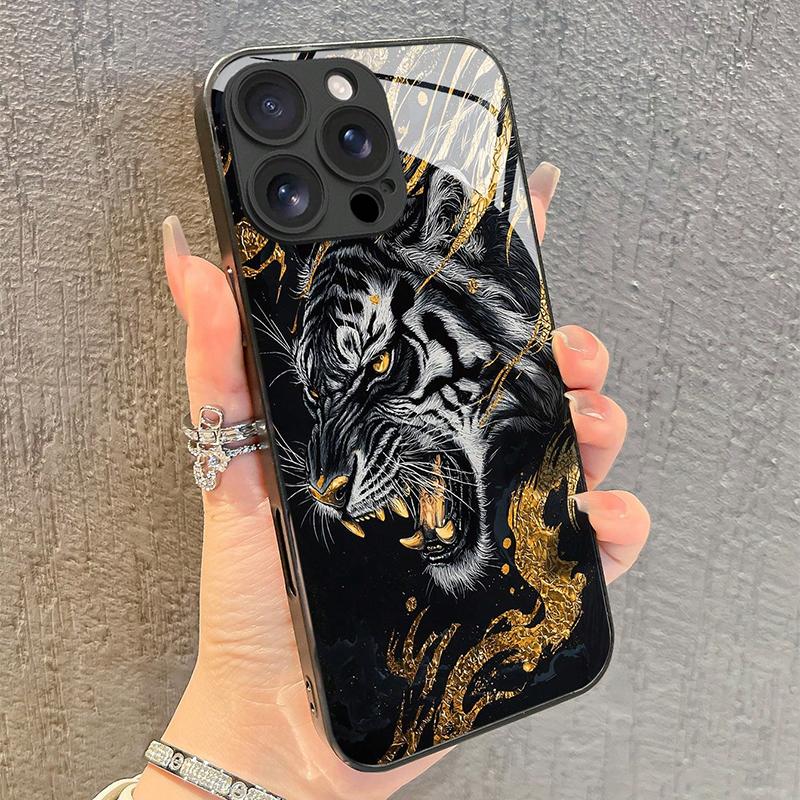 

Fashion Golden Tiger Pattern Tempered Glass Phone Case For iPhone 17 16 15 Pro Max 14 13 12 11 17Air 16E 7 8 Plus XR XS X Cover iPhone 16e
