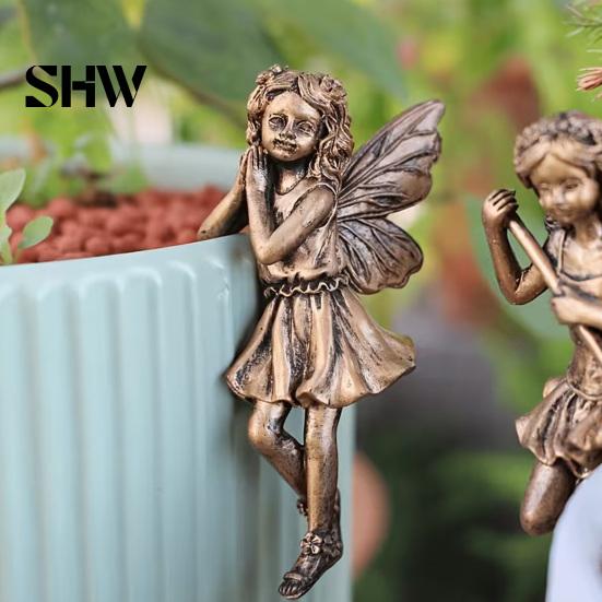 European Pastoral Garden Decor 2Pcs/Set Planter Flower Fairy Figurines, Retro Resin Butterfly Wing Micro Landscape Ornaments Statues, Cute Hanging