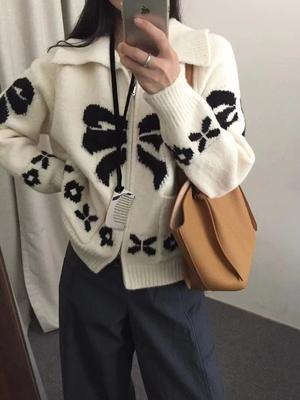 Autumn French Fashion Sweet Knitted Cardigan Women Harajuku White Design Aesthetic Print Sweater Female New Casual Elegant Chic Warm Coat