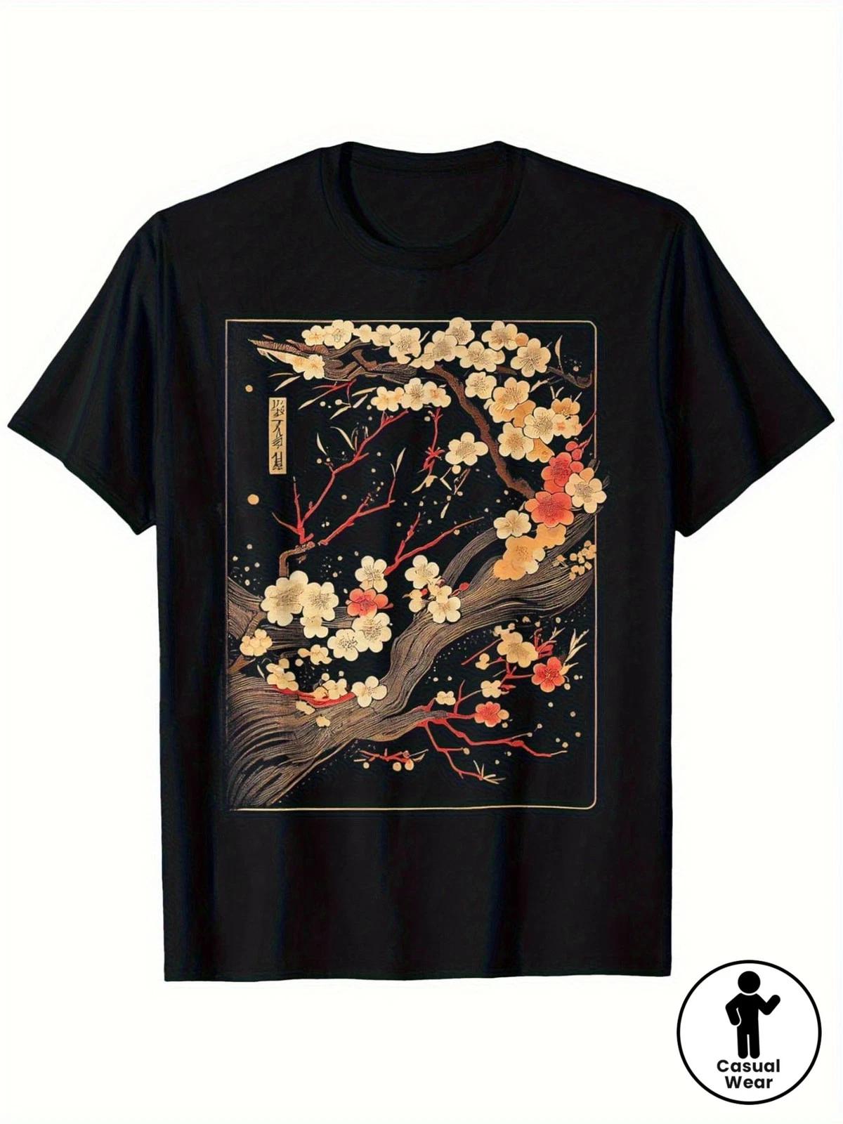 Japanese Woodblock Cherry Blossom Graphic T-Shirt Floral Art Tee M