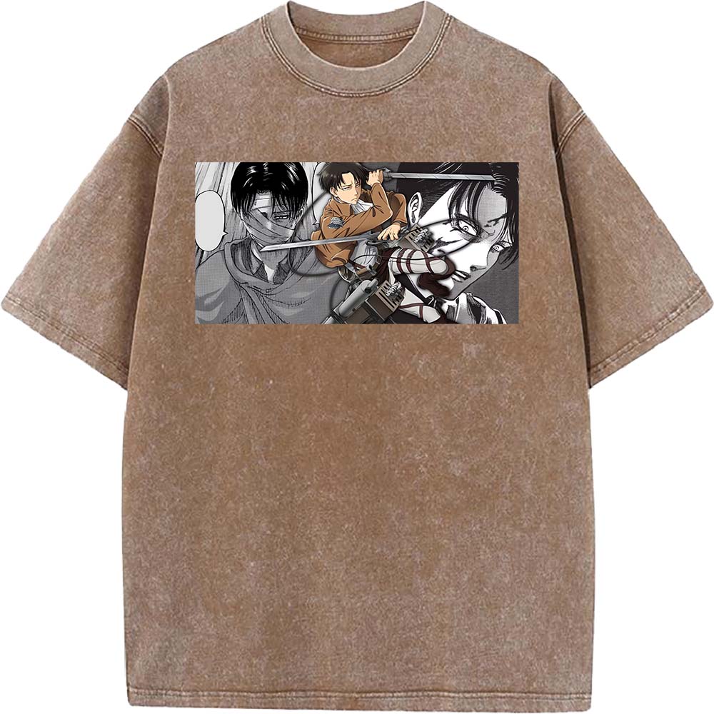 Anime Attack On Titan Levi Ackerman Graphic Tee Men Women Washed Cotton Tshirts Casual Manga T Shirt Harajuku Male Retro T-shirt