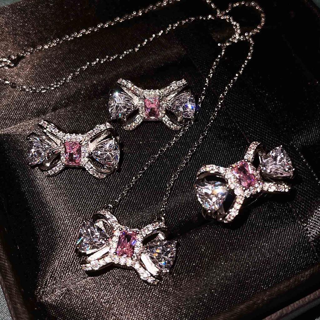 Light Luxury Cold Wind Summer Slightly Inlaid With Diamonds Bow Color Matching Earrings Temperament Collarbone Necklace Pink Diamond Ring