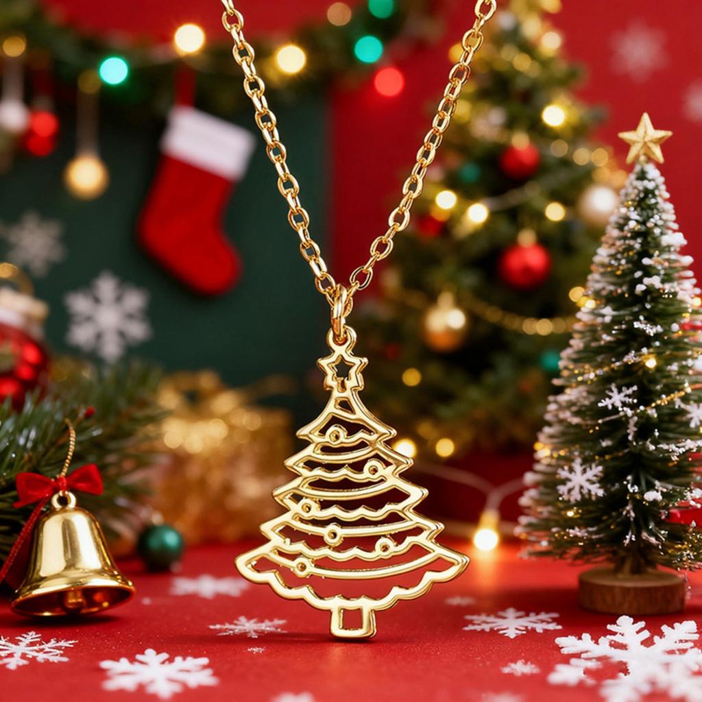 Hollow Outline Star Top Christmas Tree Pendant Women Oval Link Chain Clavicle Necklace