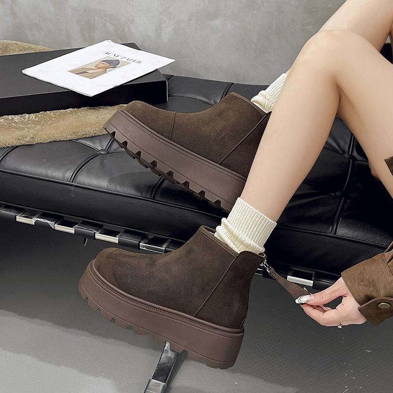 Women's Slope Heel Cotton Boots Winter New Round Head Suede Back Zipper Thick Sole Non-slip Short Snow Boots