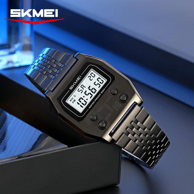 SKMEI 2460 Waterproof Digital Watch for Men Stainless Steel Sport Luxury Retro LED Electronic Mens Wristwatches Reloj Hombre