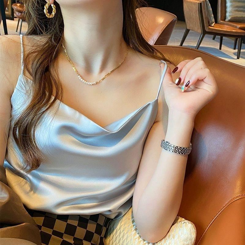 Womens Satin Vneck Tank Top With Solid Color And Soft Ribbed Fabric For Spring Summer Casual Wear