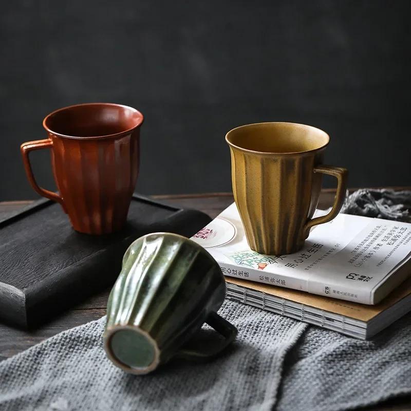 European Retro Ceramic Coffee Cup Office Afternoon Tea Pottery Striped Water Cups Household Couple Milk Mug with Handle Gifts
