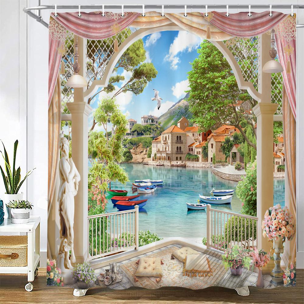 

Шторка для душа Солнечный пляж Морской пейзаж 3D печать Занавеска для ванной Полиэстер Водонепроницаемая Домашний декор Занавеска 180x180см W90xH180cm