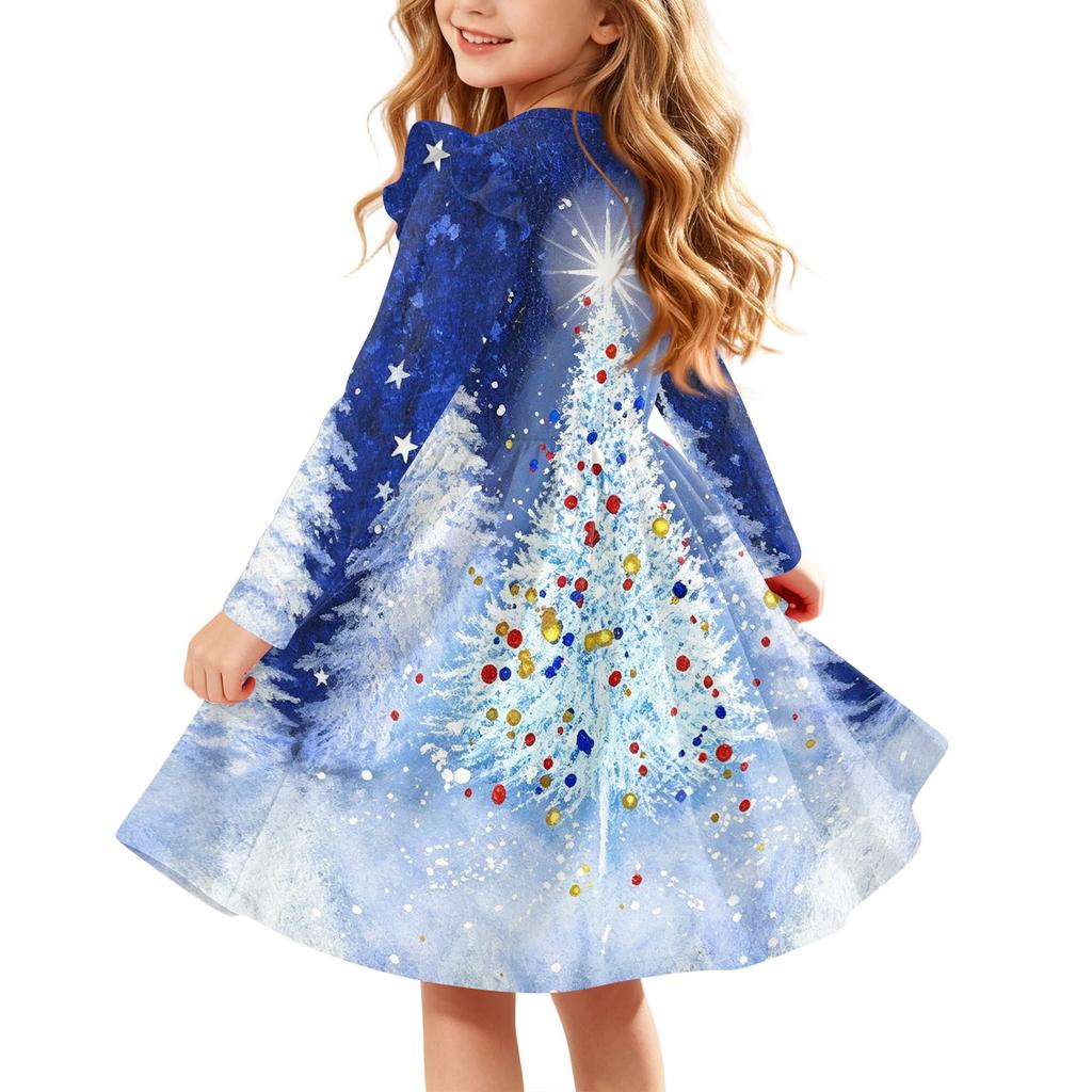 Girls Christmas Print Dress with Sleeves Long Sleeve Holiday Party Dress