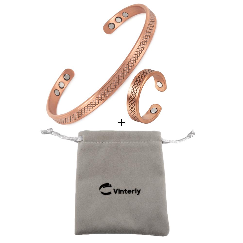 Vinterly Magnetic Pure Copper Jewelry-Set Adjustable Bracelets Ring Magnet Resizable Health Jewelry Sets Open Cuff Soft Matel