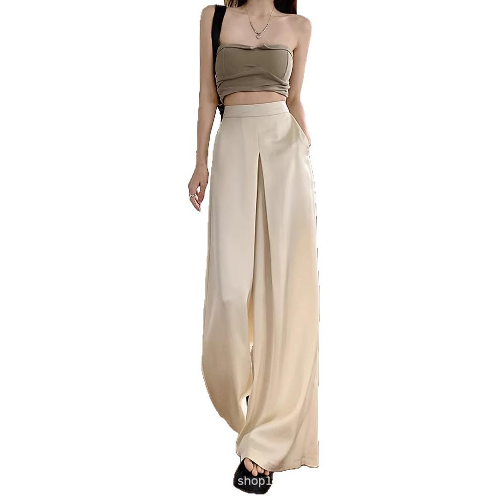 Women s High-Waisted Acetate Satin Wide-Leg Pants - Slimming, Loose, Floor-Length, Spring Style XL
