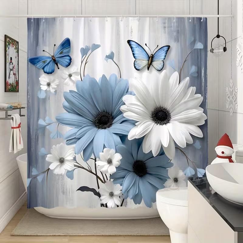 VIKAMA Blue And White Floral Butterfly Shower Curtain, Featuring An Exquisite Nature-Inspired Design With 12 Hooks
