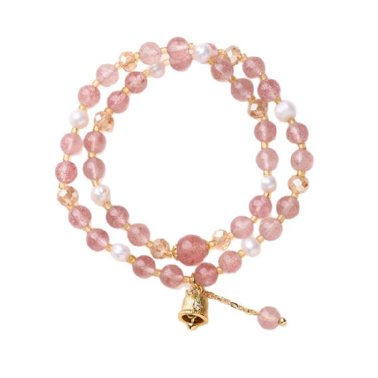 Handcrafted Ethnic Designs Double Strand Bracelet Strawberry Quartz Freshwater Pearls Zirconia Bells 1