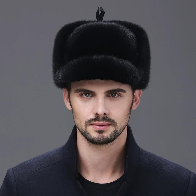 Mink Hat Male Whole Mink Winter Middle-aged and Elderly Leather Ear Protection Mink Fur Cotton Hat Warm in Winter