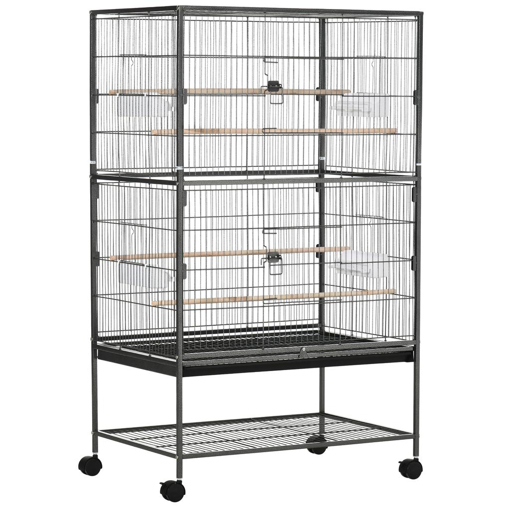 Standing Bird Cage Indoor Aviary with 4 Wooden Perches and Feeders, Steel Wire, Dark Grey