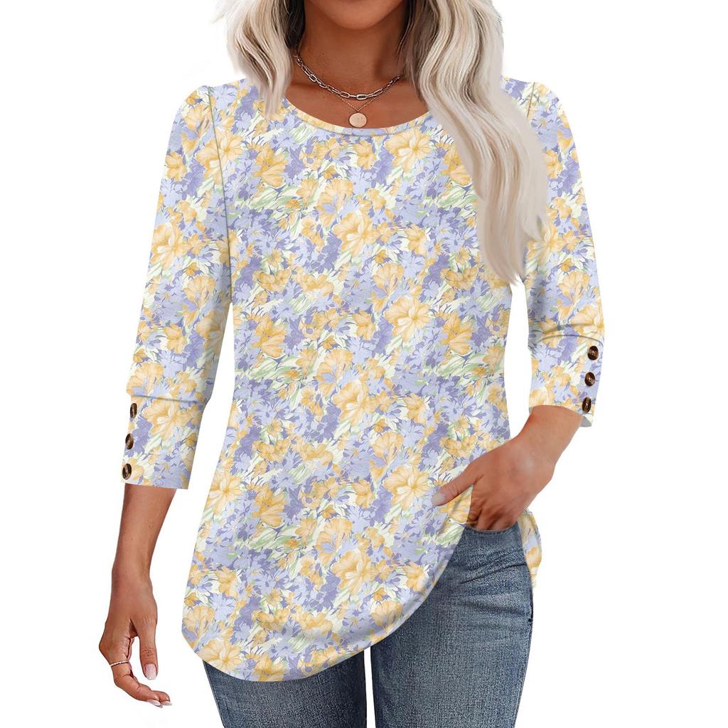 Women's Fashion Casual Floral Print Round Neck T-shirt Top With Seven Cuff Sleeves