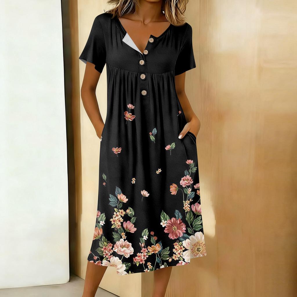 Modna damska sukienka retro z nadrukiem, okrągłym dekoltem, krótkim rękawem, zapięciem na guziki, o średniej długości, codzienna