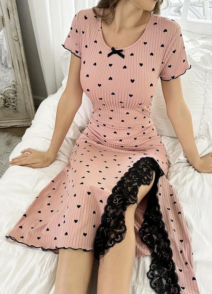 Dress sexy lady slim nightdress lace slit medium long dress short sleeve love print home