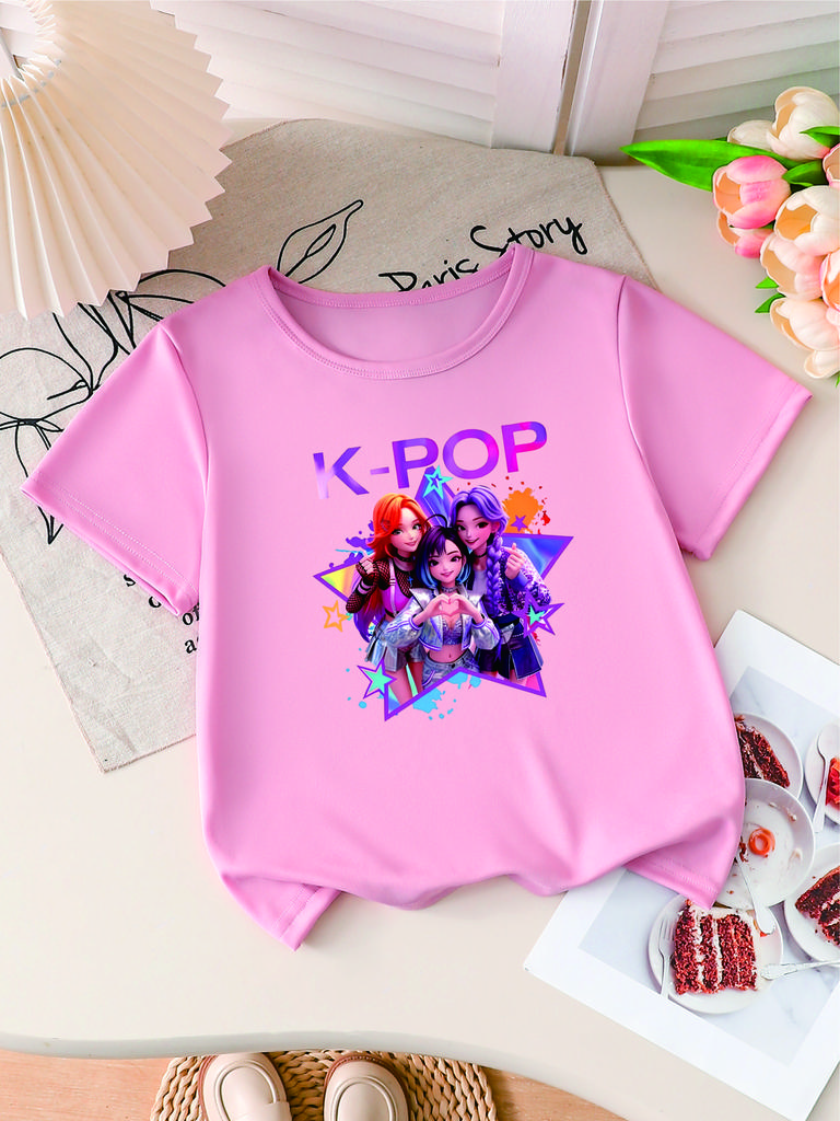 Kids Pure Cotton Round Neck Tshirt 2026 Summer Girls Top Harajuku Style Kpop Childrens Shortsleeved Cartoon Girls Clothing