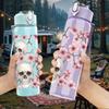 1PC Skull Cherry Blossom Floral Print 750ml Color Plastic Sports Water Bottle Leakproof Flip Straw Lid Suitable for Sports Office Home Use