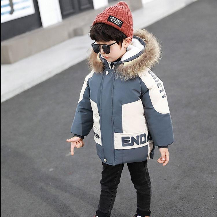 Boys Winter Hooded Jacket Fashion Baby Winter Quilted Plus Velvet Thick Warm Jacket