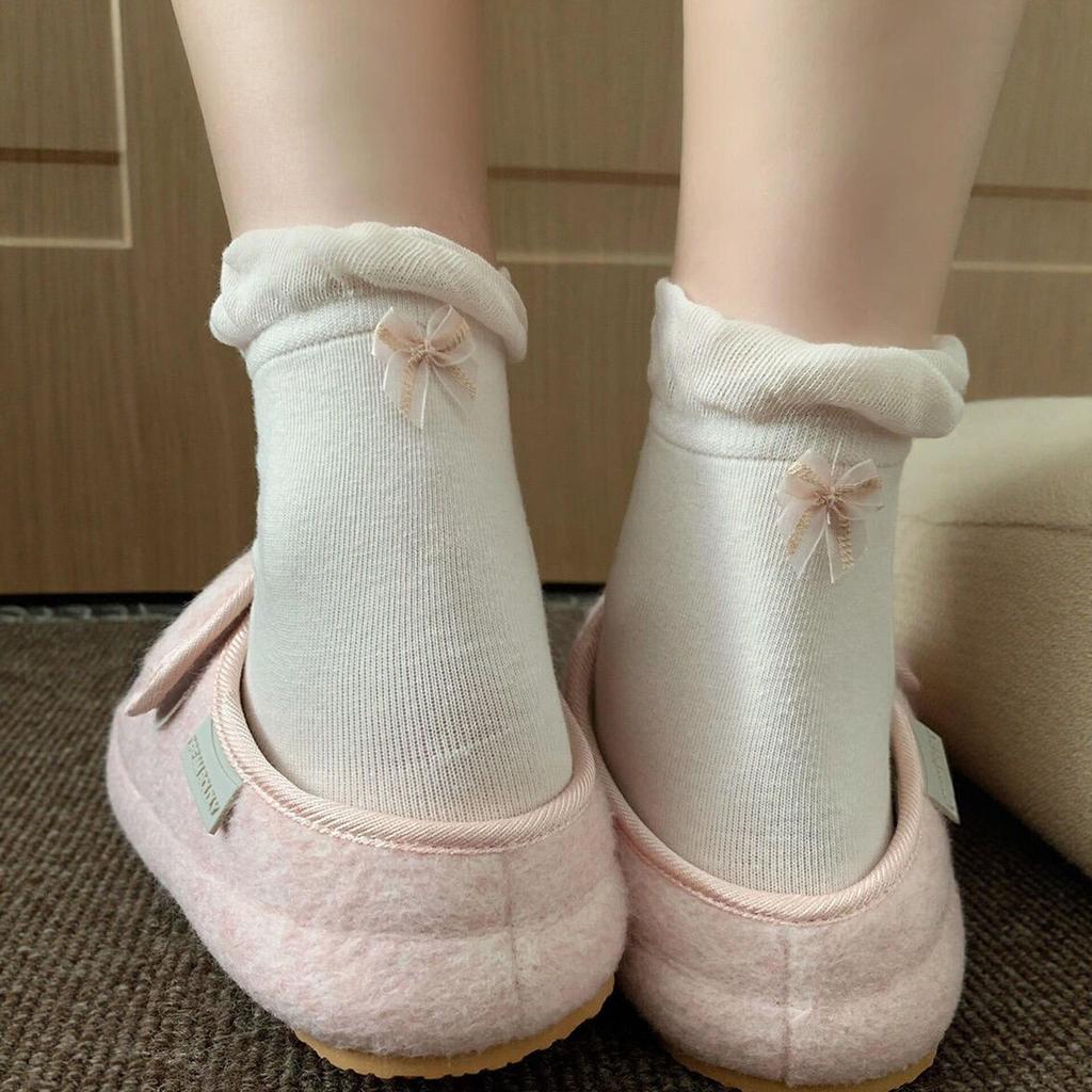 Ins Style Lace Bow Boneless Socks Women'S Spring And Summer Cotton Japanese Jk Versatile Ballet Style Mid-Tube Stacking Socks