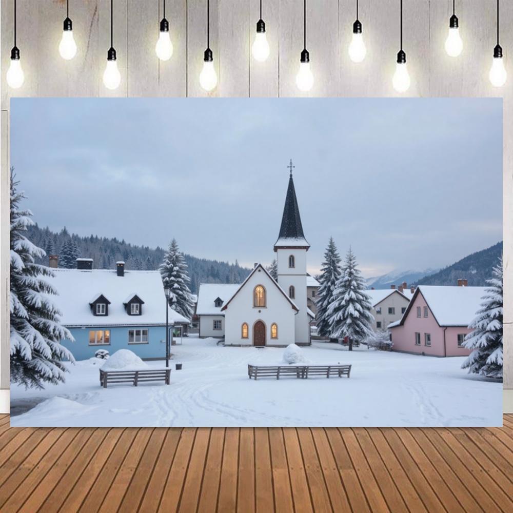 Snow Winter Christmas Village Background Pine Tree Houses Backdrop New Year Home Decoration Photography Photo Studio Props12
