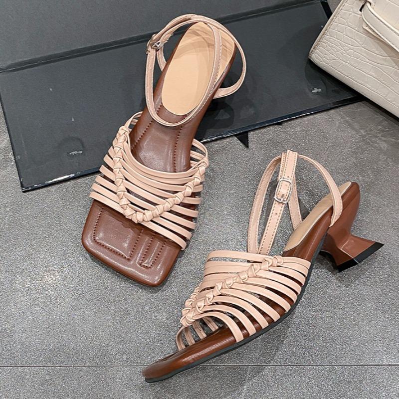 Fashion Summer New Sandal Square Head Fashion Open Toe Braided Fine Belt One Line Buckle Anti-slip Wear-resistant Heel Shoes